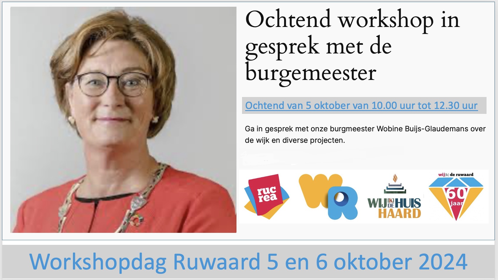 Update: Burgemeester Wobine Buijs-Glaudemans geeft geen lezing in Wijkhuis de Haard op 5 oktober 2024