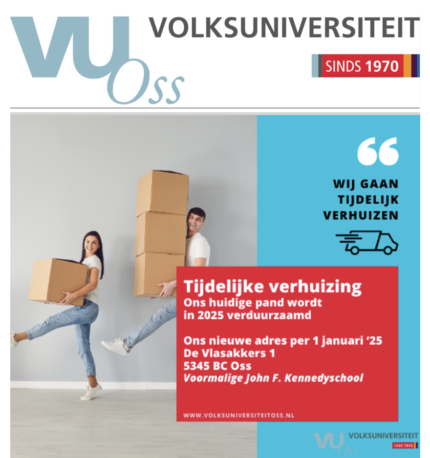 Volksuniversiteit Oss verhuist tijdelijk tot Walkwartier af is.